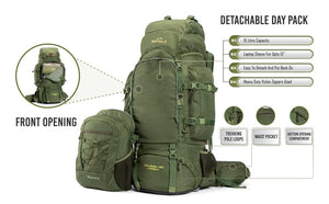 Colonel Pro Metal Frame Rucksack | Front Opening | Detachable Bag | Rain Cover | 90 Litres, Army Green